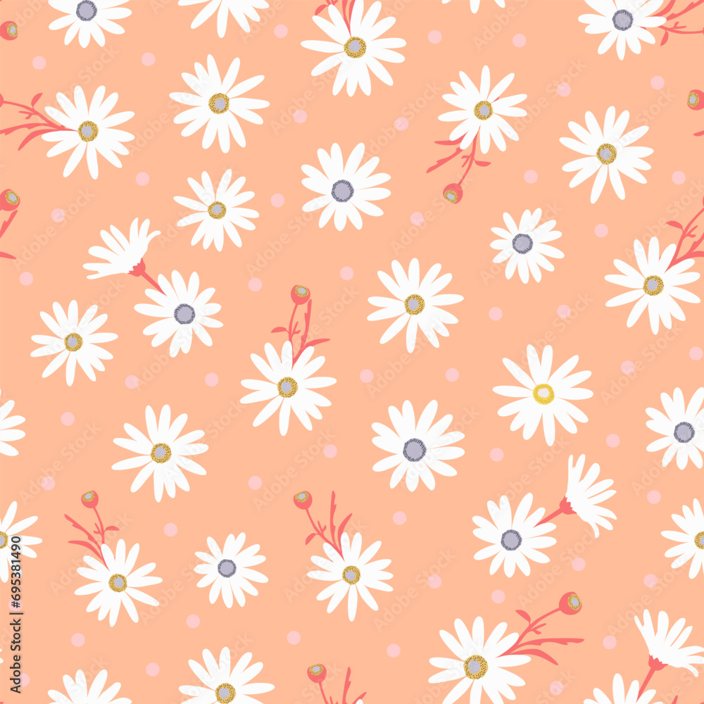 peach fuzz ditsy daisy floral pattern. floral print in peach color. botanical garden seamless pattern. good for fabric, fashion design, summer spring dress, clothing, pajama, textile, background.