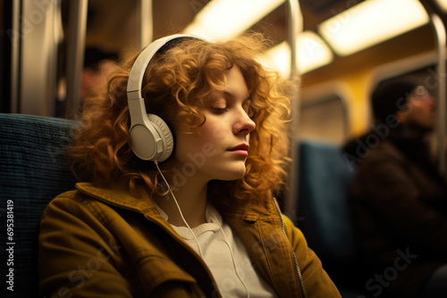 Generative AI illustration of young woman with curly hair lost in thought while listening to music on headphones in a subway train photo