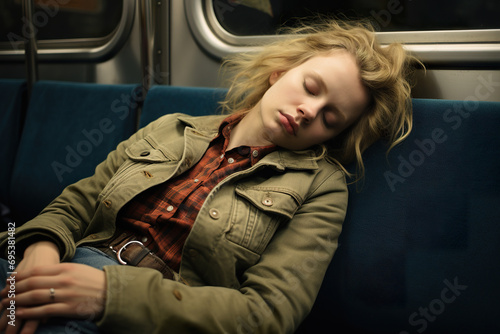 Generative AI image of a young woman taking a peaceful nap on a subway seat, showcasing urban daily life moments photo