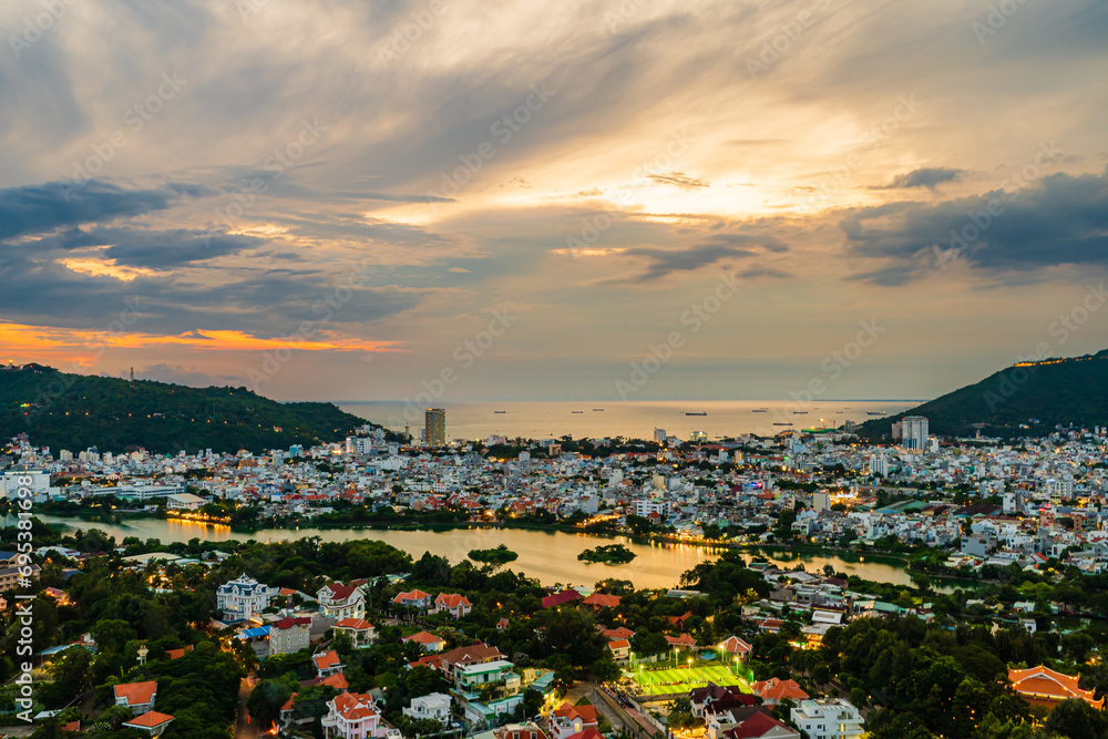 Sunset in Vung Tau city and coast, Vietnam. Vung Tau is a famous coastal city in the South of Vietnam