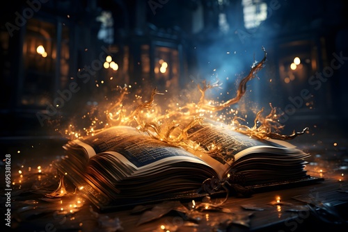 Open book with burning pages on a dark background. The concept of knowledge, wisdom, education.