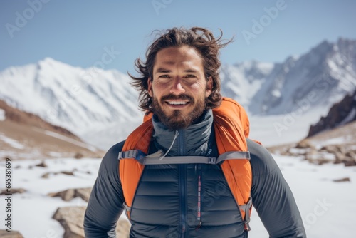 Portrait of a satisfied man in his 30s wearing a lightweight running vest against a pristine snowy mountain. AI Generation