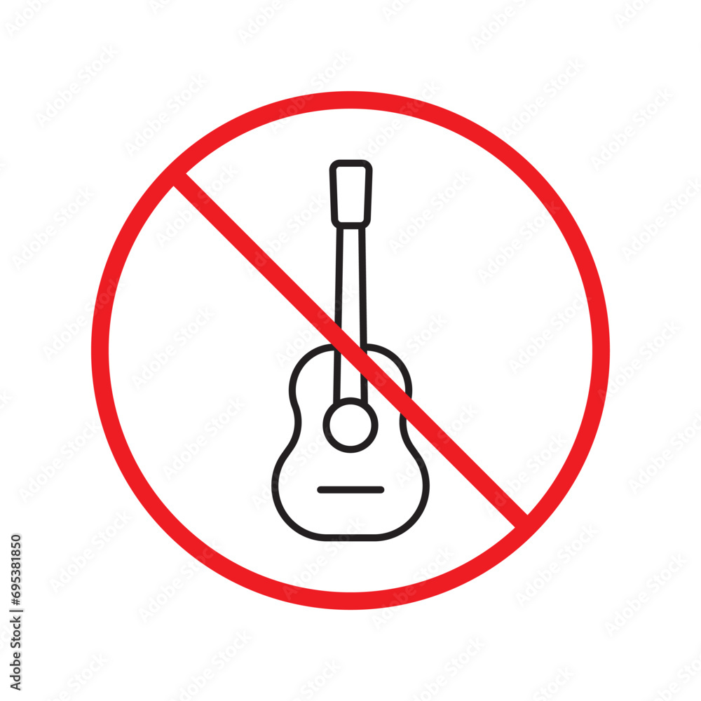 Forbidden Prohibited Warning, caution, attention, restriction label danger. No guitar vector icon. Do not use electro guitar sign design. No rock music symbol flat pictogram. Forbidden Prohibited Warning, caution, attention, restriction label danger. No guitar vector icon. Do not use electro guitar sign design. No rock music symbol flat pictogram.
