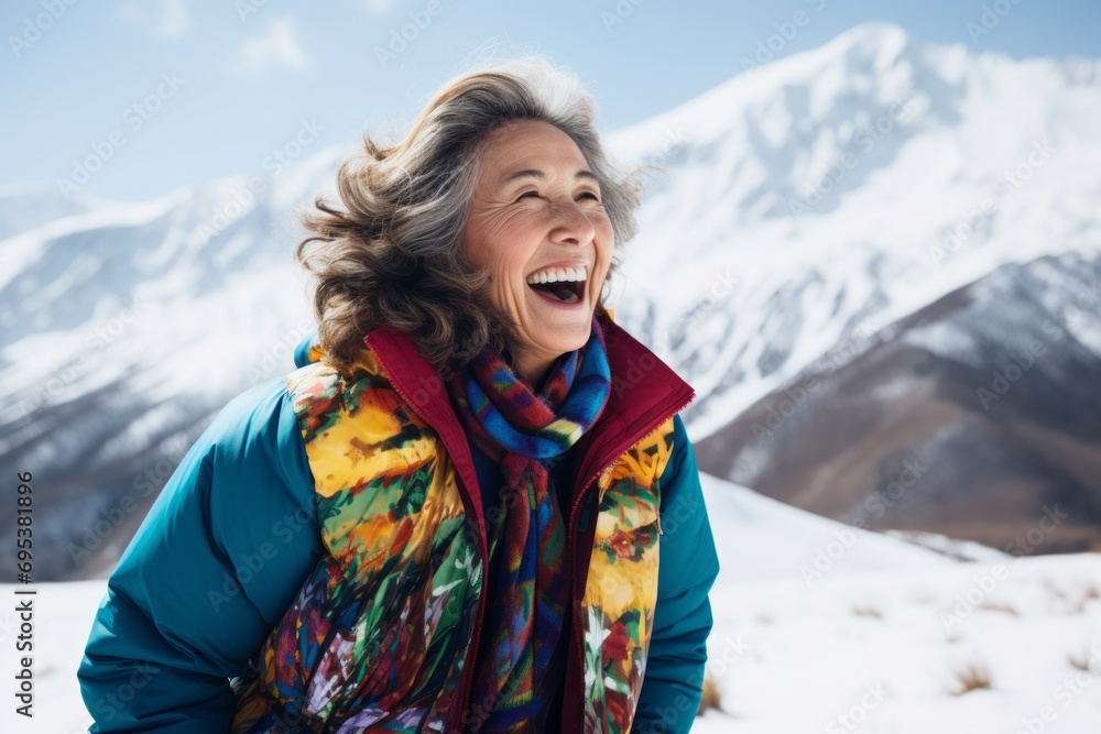 Portrait of a cheerful woman in her 50s sporting a stylish varsity jacket against a pristine snowy mountain. AI Generation