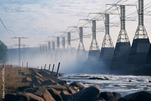 power lines come from the hydroelectric station. power lines near water