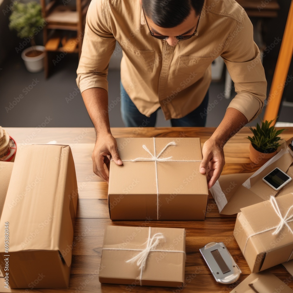 Small business entrepreneur packing a shipping box Small business entrepreneur packing a shipping box