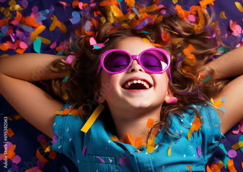 Little girl in sunglasses lying on floor with confetti