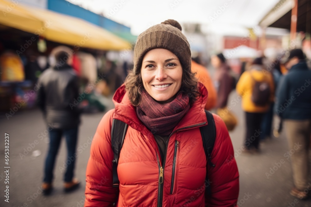 Portrait of a smiling woman in her 30s donning a durable down jacket against a vibrant farmers market. AI Generation Portrait of a smiling woman in her 30s donning a durable down jacket against a vibrant farmers market. AI Generation