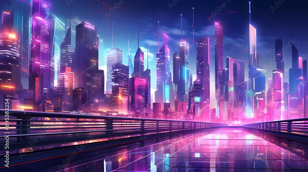 Panoramic view of the city at night with neon lights. 3d rendering