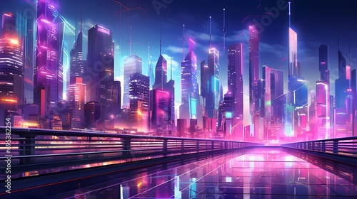 Panoramic view of the city at night with neon lights. 3d rendering