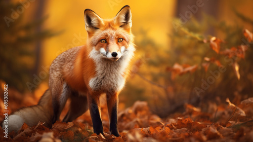 Cute Red Fox, Vulpes vulpes in fall forest. Beautiful animal in the nature habitat. generative ai © Fuji