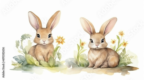 cute watercolor rabbit. cartoon forest animal. generative ai