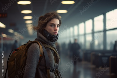 Portrait of a tender woman in her 30s dressed in a breathable mesh vest against a bustling airport terminal. AI Generation