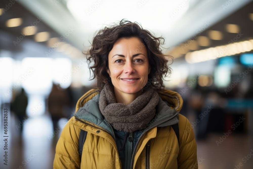 Portrait of a happy woman in her 40s dressed in a comfy fleece pullover against a bustling airport terminal background. AI Generation Portrait of a happy woman in her 40s dressed in a comfy fleece pullover against a bustling airport terminal background. AI Generation