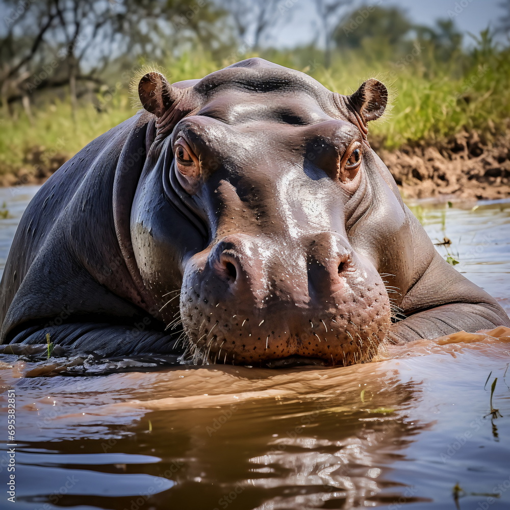 Hippopotamus in the Water, African Swamp Animal