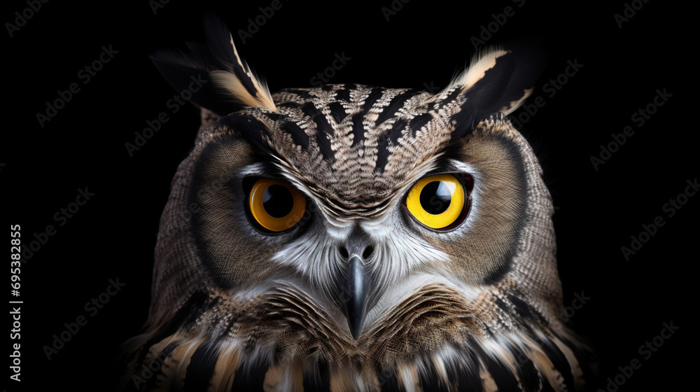 Cute wild owl muzzle isolated on black. generative ai Cute wild owl muzzle isolated on black. generative ai