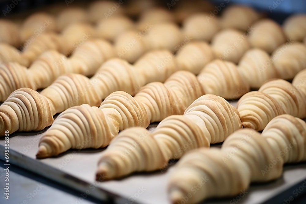 Freshly baked golden French croissants on baking sheet. Fresh classic pastries. Freshly baked golden French croissants on baking sheet. Fresh classic pastries.