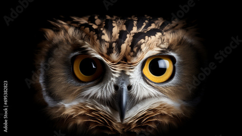 Cute wild owl muzzle isolated on black. generative ai