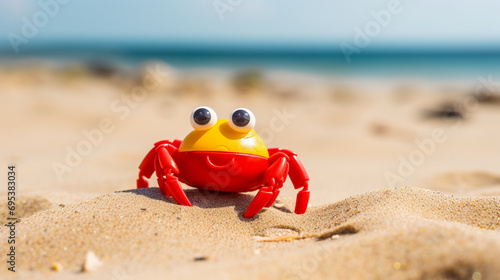 Cute red and yellow toy crab on a sandy seashore (beach). Panoramic image, copy space. generative ai