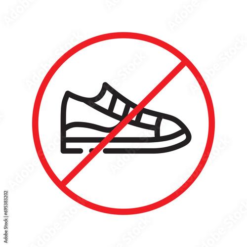 Forbidden Prohibited Warning, caution, attention, restriction label danger. No shoes vector icon. Do not wear shoes sign design. No man shoe symbol flat pictogram. No classic shoe