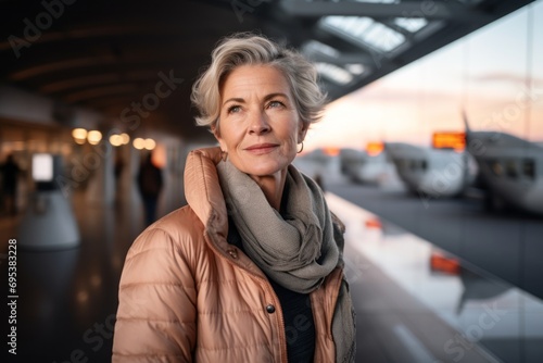 Portrait of a blissful woman in her 50s sporting a long-sleeved thermal undershirt against a bustling airport terminal. AI Generation © Markus Schröder