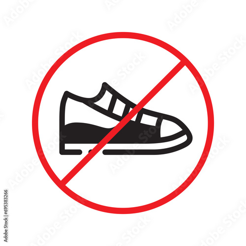 Forbidden Prohibited Warning, caution, attention, restriction label danger. No shoes vector icon. Do not wear shoes sign design. No man shoe symbol flat pictogram. No classic shoe