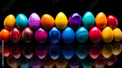 Colorful easter eggs on a black background. Neon and fluorescent style.