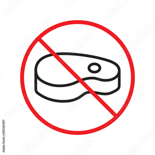 Forbidden Prohibited Warning, caution, attention, restriction label danger. No meat vector icon. Do not eat steak sign design. No beef steak barbecue symbol flat pictogram. 