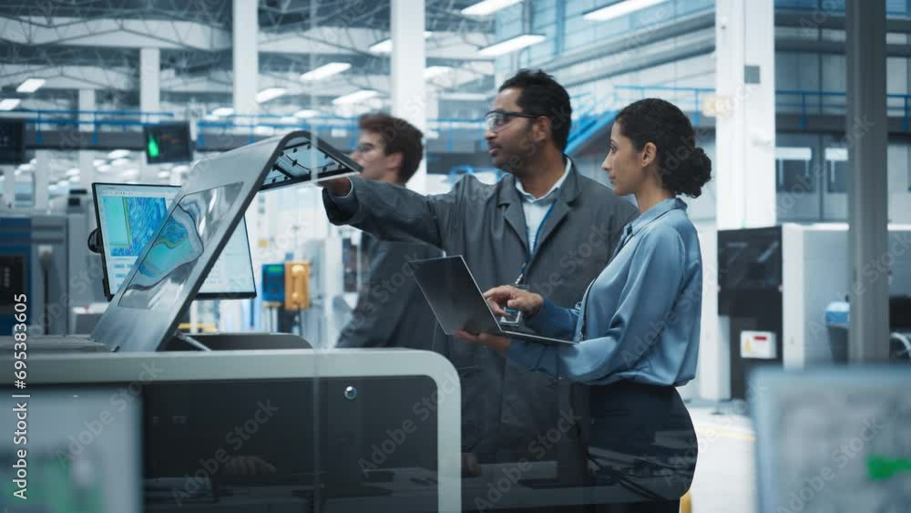 Indian Male Industrial Engineer And Hispanic Female Manager Using Laptop And Talking At Electronics Factory. Man Using Soldering Jet Printer, Explaining Process Behind Production Of New Motherboards. Indian Male Industrial Engineer And Hispanic Female Manager Using Laptop And Talking At Electronics Factory. Man Using Soldering Jet Printer, Explaining Process Behind Production Of New Motherboards.