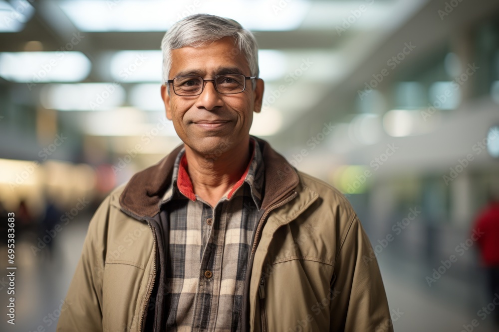 Portrait of a glad indian man in his 60s wearing a comfy flannel shirt against a bustling airport terminal. AI Generation Portrait of a glad indian man in his 60s wearing a comfy flannel shirt against a bustling airport terminal. AI Generation