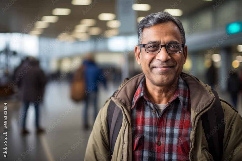 Portrait of a glad indian man in his 60s wearing a comfy flannel shirt against a bustling airport terminal. AI Generation Portrait of a glad indian man in his 60s wearing a comfy flannel shirt against a bustling airport terminal. AI Generation