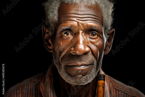 An old dark-skinned man, relying on a cane, showcasing the resilience in the face of physical challenges associated with aging