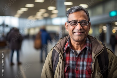 Portrait of a glad indian man in his 60s wearing a comfy flannel shirt against a bustling airport terminal. AI Generation