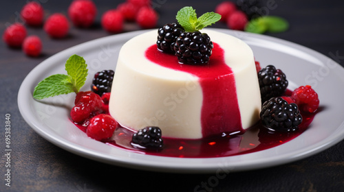 Delicious italian dessert panna cotta with berry sauce, fresh berries and mint. Generative AI