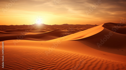 Desert sunset. Beautiful sand dunes in the Sahara desert. Generative AI © Fuji
