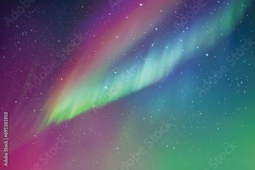 Night starry sky. Milky way and Northern lights. Green aurora borealis.