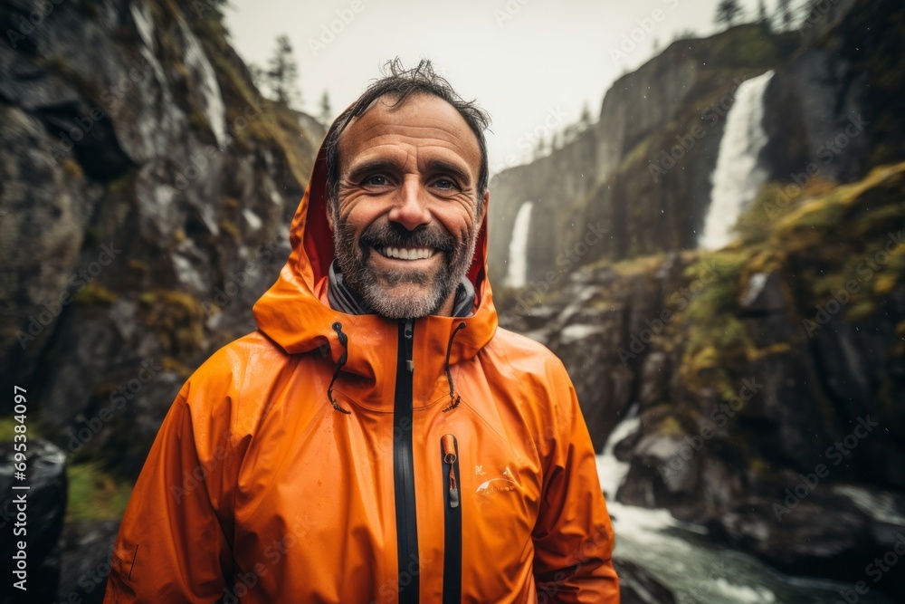 Portrait of a smiling man in his 40s wearing a functional windbreaker against a backdrop of a spectacular waterfall. AI Generation