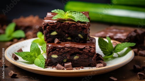 Vegan zucchini brownies. Delicious chocolate cake. Cake with vegetables. Generative AI photo