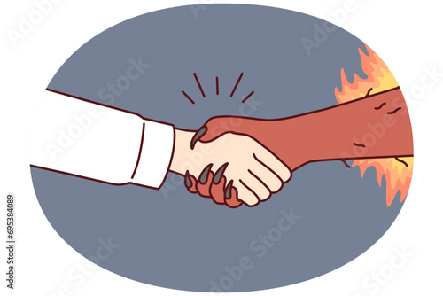 Handshake between man and devil symbolizes risky deal or dangerous business arrangement. Hand of human and demon is metaphor for bad contract or unethical way of managing company. Flat vector image