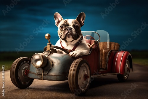 French bulldog in a red car. French bulldog riding in a red pedal car at night