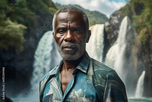 Portrait of a content afro-american man in his 60s donning a classy polo shirt against a backdrop of a spectacular waterfall. AI Generation