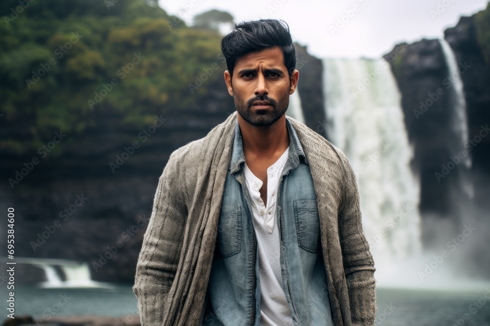 Portrait of a content indian man in his 20s wearing a chic cardigan against a backdrop of a spectacular waterfall. AI Generation Portrait of a content indian man in his 20s wearing a chic cardigan against a backdrop of a spectacular waterfall. AI Generation