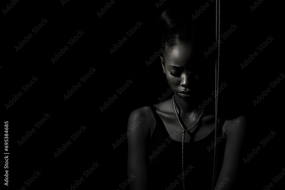 black history month concept, a sad Afro-American woman portrait, copy space - obrazy, fototapety, plakaty 