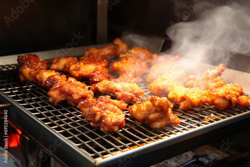 Asian Street Culinary Magic Japanese Karaage Fried Chicken on Food Cart Background
