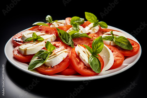 Caprese Salad: With tomatoes, mozzarella, and basil. black isolated background. 