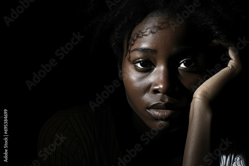 black history month concept, a sad Afro-American woman portrait, copy space