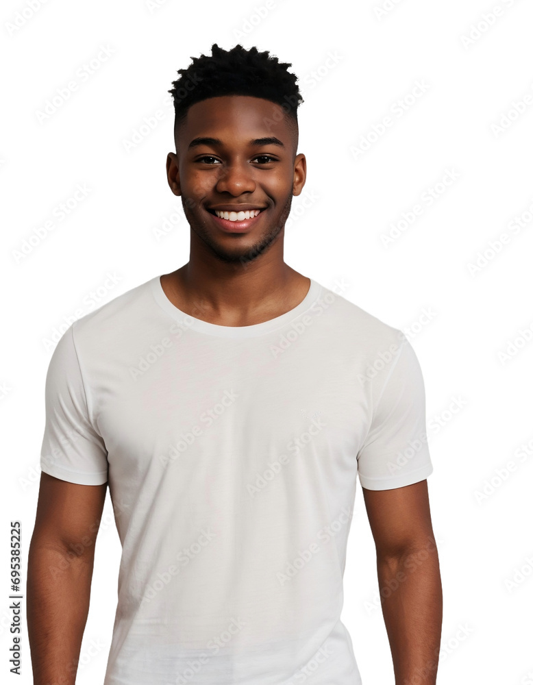 Young black man wearing a white t-shirt smiling and looking at the camera, Happiness concept, isolated, transparent background, no background. PNG. Young black man wearing a white t-shirt smiling and looking at the camera, Happiness concept, isolated, transparent background, no background. PNG.