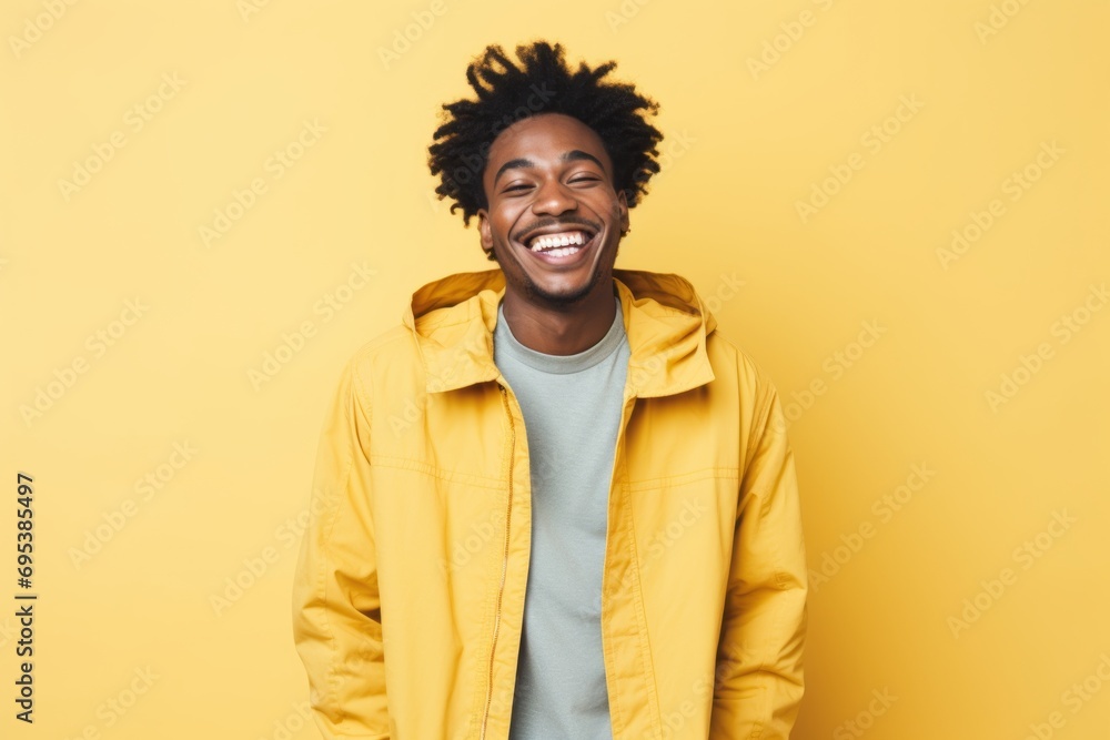 Portrait of a smiling afro-american man in his 20s wearing a trendy bomber jacket against a pastel yellow background. AI Generation Portrait of a smiling afro-american man in his 20s wearing a trendy bomber jacket against a pastel yellow background. AI Generation