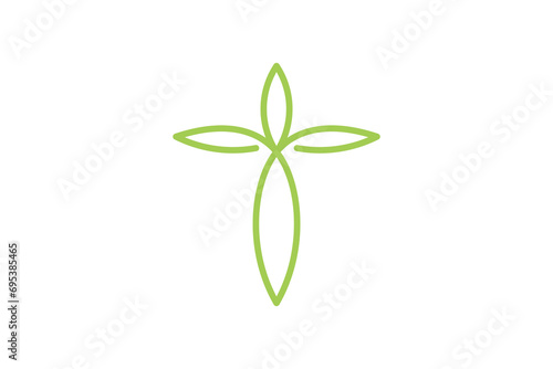 The leaf icon logo is in the shape of a cross in a simple style