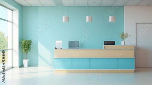 Empty waiting room in lobby with reception desk in dental clinic